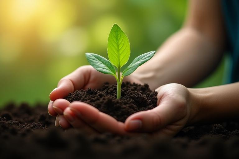 Close-up of a person's hands holding a green plant sprout, symbolizing growth, progress, and the science of longevity.